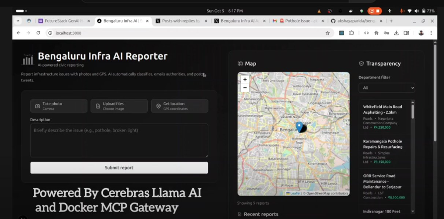 Bengaluru Infra AI Reporter project screenshot showing A production-ready, full-stack platform enabling B...